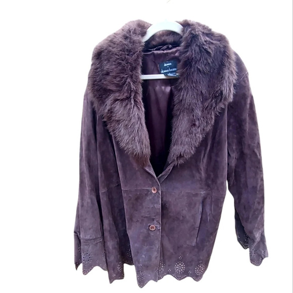 dennis basso Jackets & Blazers - Dennis Basso Plus Size Leather Suede Laser Cut Faux Fur Collar Coat